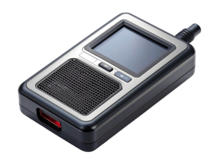 Professional Portable Communication Device with Screen and Speaker Isolated on Black Background - High-Tech Handheld Radio or Scanner for Security & Industry