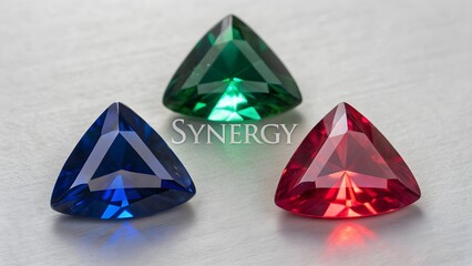 Close up of various colored faceted gemstones displaying synergy