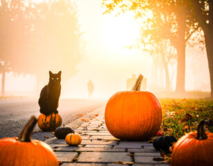 Golden Fog Path with a Black Cat