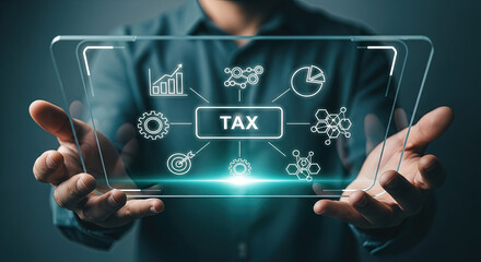 Innovative Tax Solutions: Man Holding Futuristic Interface Displaying Tax Data, Financial Growth, and Business Analytics for Modern Accounting