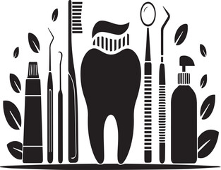Black silhouette dental hygiene tools and tooth with leaves on white background toothbrush toothpaste
