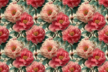 seamless Blooming Floral Harmony: A captivating pattern showcases an array of radiant blossoms in full bloom, their delicate petals unfurling in a symphony of colors, petals and intricate details.