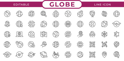 Worldwide and Globe Line Icons. Global Communication, Earth, Network, Planet, and International Business Vector Outline Icon Set