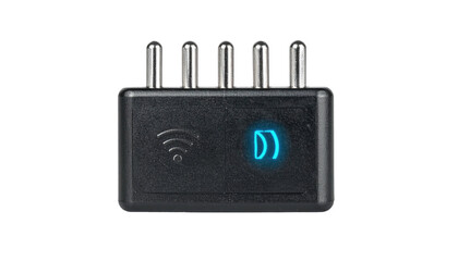 Small black electronic device with five metal pins, glowing symbol, and Wi-Fi icon