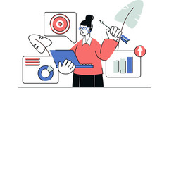 Woman Analyzing Sales Performance Data on Laptop with Charts and Graphs Indicating Growth and Strategy in Flat Illustration Style