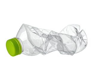 Crushed, transparent plastic bottle with green cap, isolated on black background