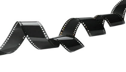 A curved, glossy black strip of film against a stark black backdrop