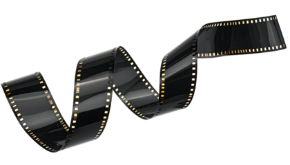 Curving strip of photographic film, glistening against a black backdrop