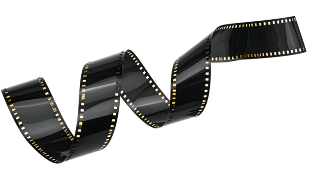 Curving strip of photographic film, glistening against a black backdrop