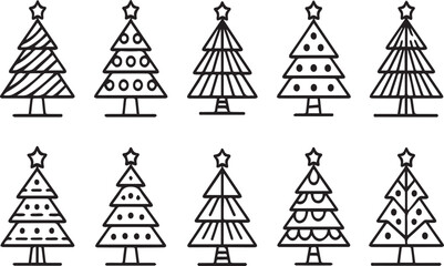 Collection of ten stylized black and white Christmas tree icons with stars on top vector