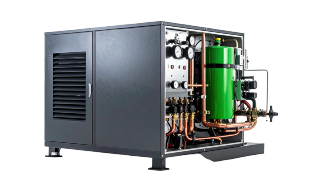 Grey industrial machine with vents, gauges, copper pipes, and a green tank