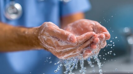 Healthcare worker washes hands with soap and water in a clinical setting to maintain hygiene and prevent infections during a medical procedure