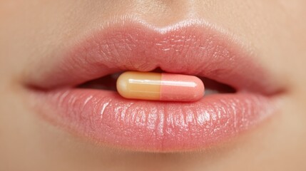 Naklejka premium Close-up of lips with an orange and yellow capsule in between, highlighting the intersection of beauty and health at morning light