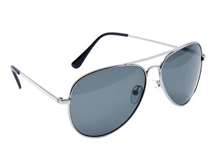 Shiny, silver aviator sunglasses with gray lenses, set against a black backdrop