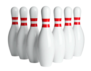 White bowling pins with red stripes standing upright, arranged in a triangular formation