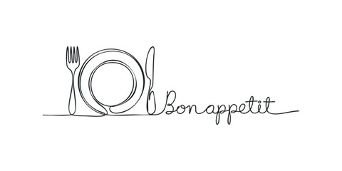 Single Line Drawing of Plate Fork Knife Bon Appetit
