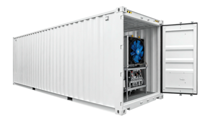 A large, white shipping container with its door open, revealing machinery inside