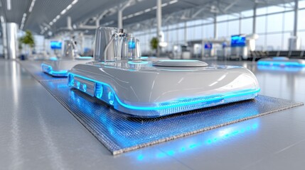 Obraz premium Futuristic Airport with Advanced Transportation Pods and Sleek Design for Modern Travel Experience