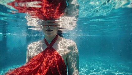 Portrait of a person submerged in a pool wearing a vibrant red dress