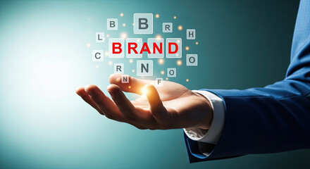 Brand Building Concept: Hand Holding Digital Brand Letters for Business Strategy, Marketing, and Corporate Identity in Modern Technology Era