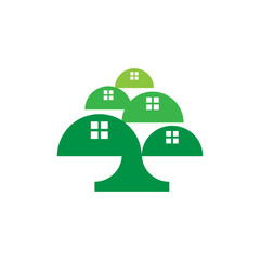 Geometric green tree house logo with window, minimal eco vector
