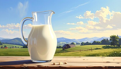 A clear glass pitcher filled with milk sits on a wooden table. Rolling green hills and a blue sky with puffy clouds comprise the background