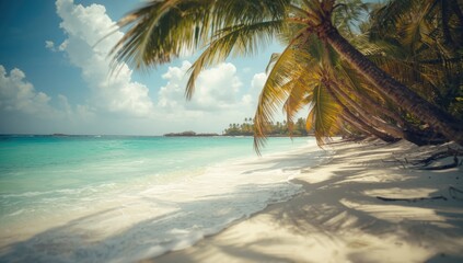 Gentle waves lap the white sandy shore, as sunlit palm trees cast long shadows across the beach. This scenic coastal view showcases a stunning azure ocean under a bright, partly cloudy sky.