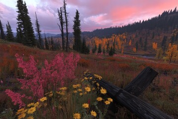 Autumnal mountain meadow with vibrant wildflowers and a weathered log fence at dawn