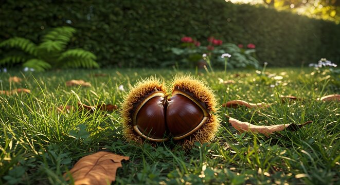 Opened conker on grass