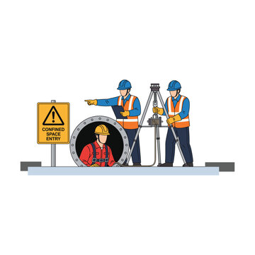 Construction workers in safety gear preparing for confined space entry with surveying equipment