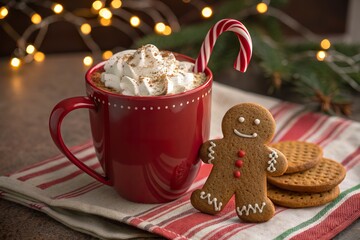 Cozy holiday scene featuring a red mug of hot cocoa topped with whipped cream and a candy cane, accompanied by a gingerbread cookie and festive cookies on a striped cloth.