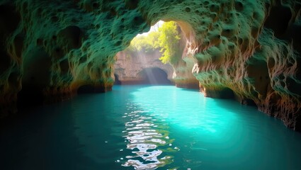 The captivating scene features a tranquil body of turquoise water flowing through a natural cavern, illuminated by sunlight streaming in from the opening above.