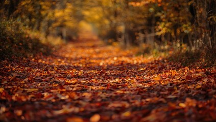 Warm sunlight streams through the autumn trees, illuminating a leaf-covered path, creating a picturesque view of the fall season as the path leads to the blurred background.