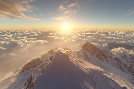 Sunrise over snow-capped alpine peaks, clouds below - Powered by Adobe