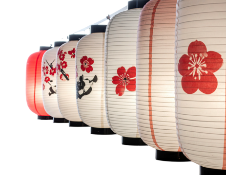 Group of illuminated paper lanterns with floral designs, arranged in a row