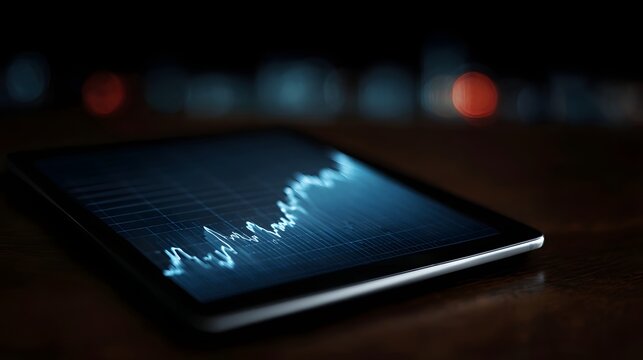 Financial growth graph displayed on a modern digital tablet screen in a dimly lit environment - Powered by Adobe