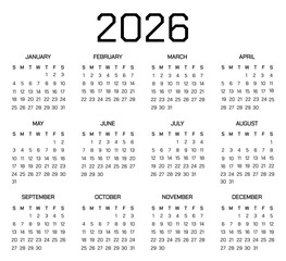 Classic minimalist 4 column of month English calendar 2026 | Simple black font colour vector pocket or wall or desk calendar design template | Week starts on Thursday