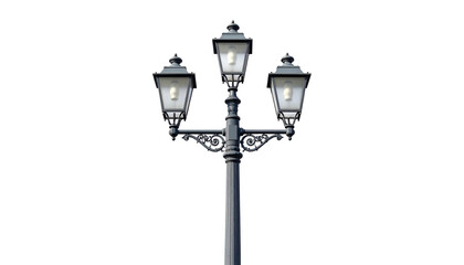 Ornate streetlight with three illuminated lamps against a solid black background