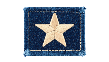 A rectangular patch of dark blue fabric with a beige star, stitched edges