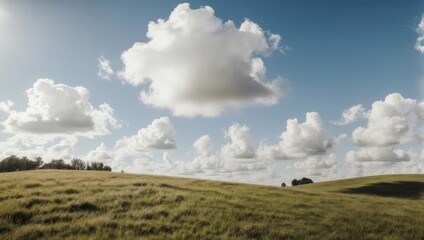 Fototapeta premium Rolling green hills under a bright blue sky dotted with fluffy white clouds, a beautiful sunny day