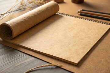 A blank sketchbook lies open on a wooden table surrounded by art supplies and natural decor