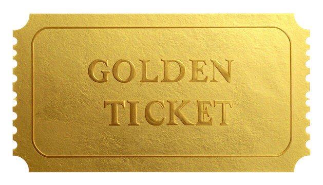 A textured, golden ticket embossed with "GOLDEN TICKET," on a black background