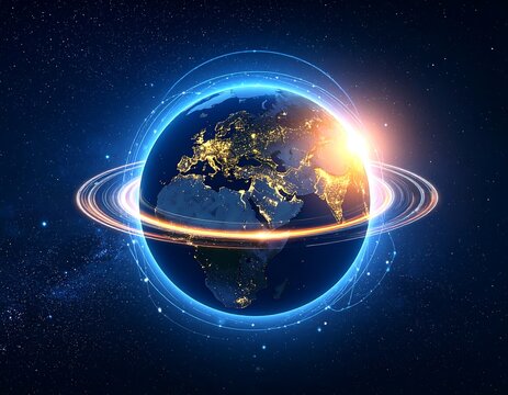Earth with glowing rings in space