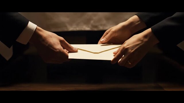 A hand gently offers an envelope in a warmly lit room, suggesting anticipation and mystery. The atmosphere evokes intimacy, making viewers wonder about the contents inside.