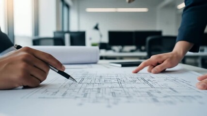 Analyzing Blueprint: Architects Discussing Design Plans in Modern Office, Teamwork