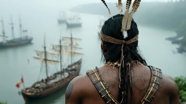 Indigenous person watches European sailing ships arrive on a misty shore, symbolizing the start of arrival and discovery era.