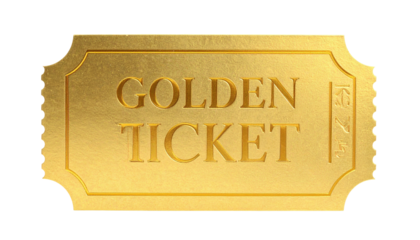 A detailed, gold-colored, rectangular ticket design, with the words "GOLDEN TICKET" embossed
