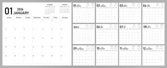 Daily planner calendar 2026 | Twelve-month calendar template for your planning design | Monthly planning calendar with previous and next month information | Black font calendar