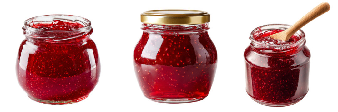 Three glass jars filled with vibrant red raspberry jam and one with a wooden spoon isolated on a transparent background