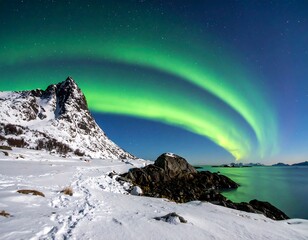 A snowy coastal landscape features vibrant green aurora borealis dancing across a dark night sky. Mountains and water are visible